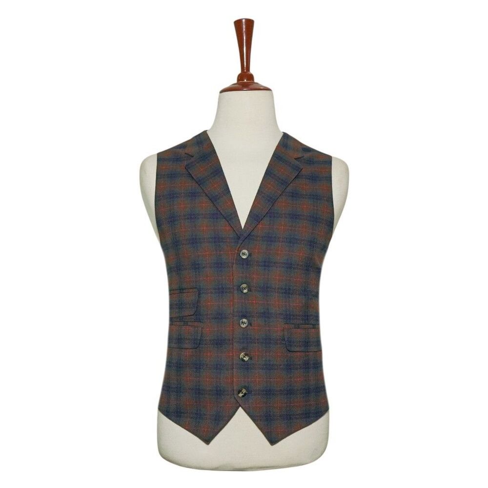 Mens Wool Plaid Vest 46R Brown Blue Green Check Waistcoat Formal Casual Preppy